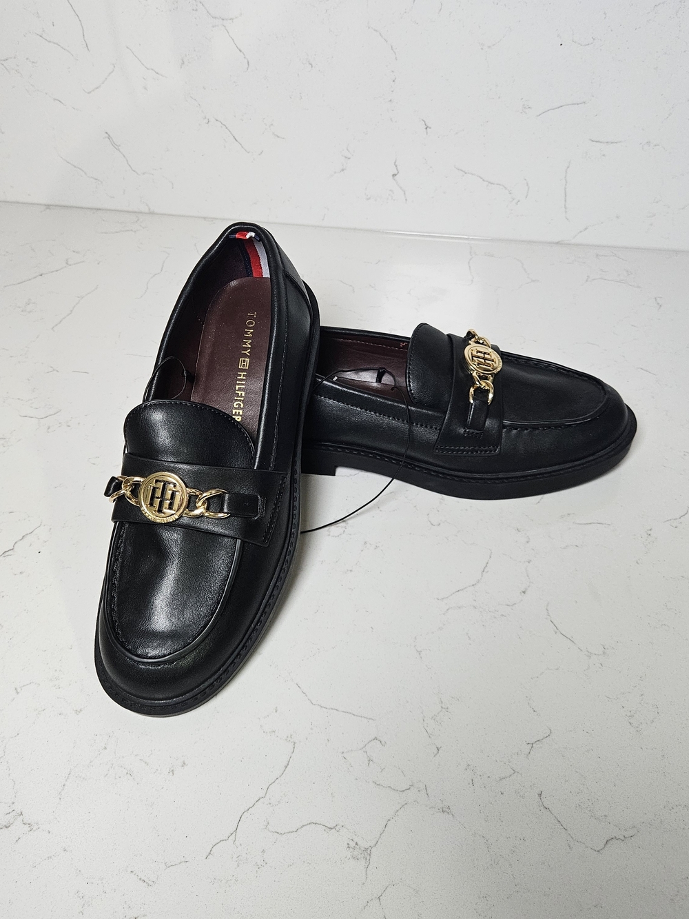 Tommy Hilfiger Black Leather Terina Loafers with Gold Chain Logo